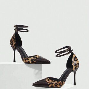 Coffee Brown Women's Elegant Leopard Patchwork Pumps